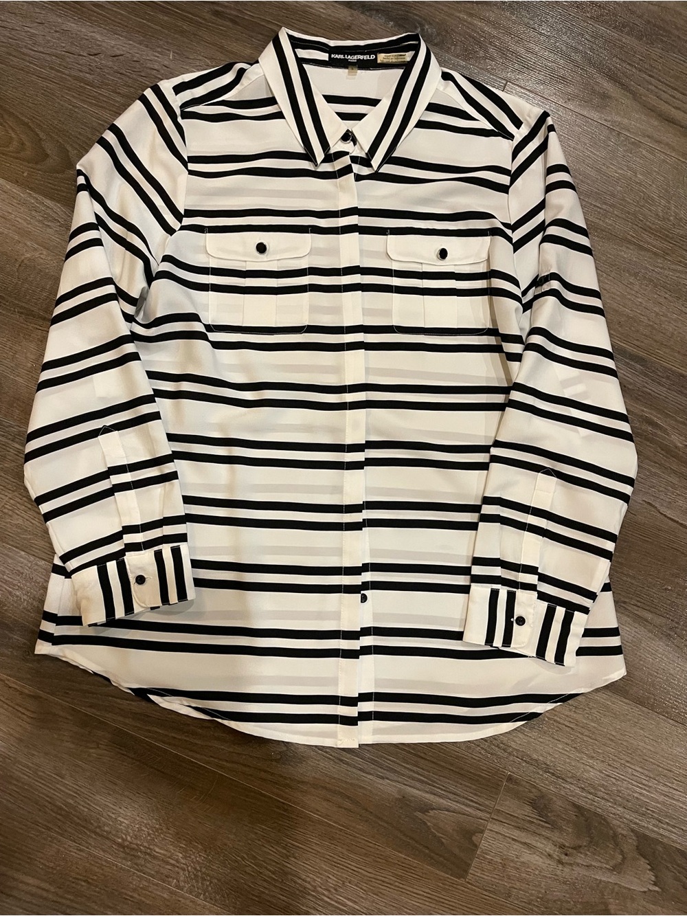 Karl Lagerfeld Paris L Black White Striped Silky Button Up Shirt